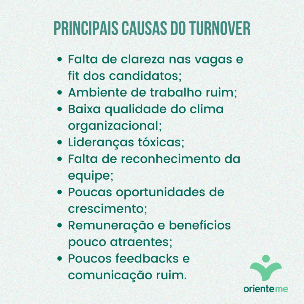 PRINCIPAIS CAUSAS DOs TIPOS DE TURNOVERFalta de clareza nas vagas e fit dos candidatos;Ambiente de trabalho ruim;Baixa qualidade do clima organizacional;Lideranças tóxicas;Falta de reconhecimento da equipe;Poucas oportunidades de crescimento;Remuneração e benefícios pouco atraentes;Poucos feedbacks e comunicação ruim.
