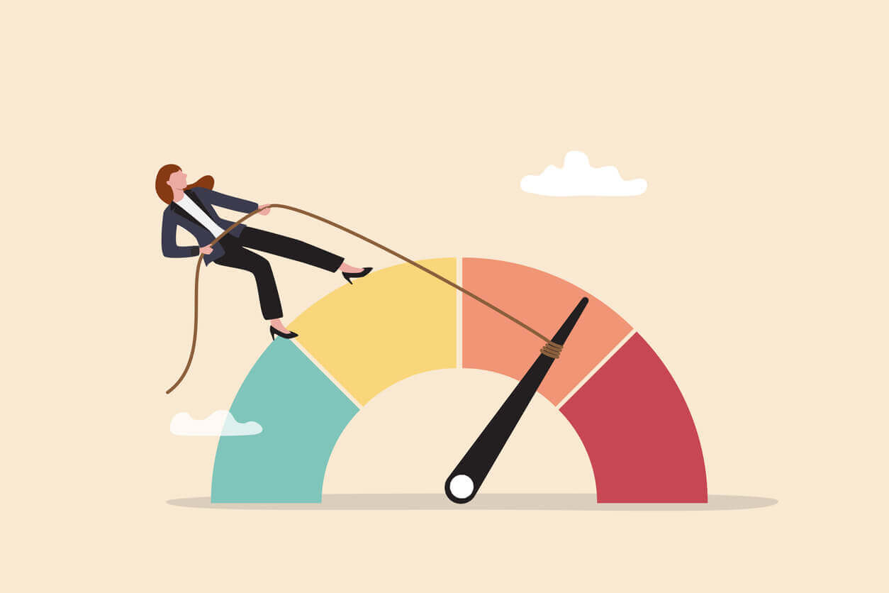 Ilustração de mulher ajustando indicador de medição, representando a importância do monitoramento de riscos físicos e psicossociais nas organizações.